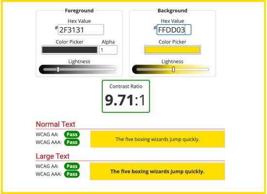 Results of Flat White Websites contrast ratio tested on WebAIM Contrast Checker: 9.71