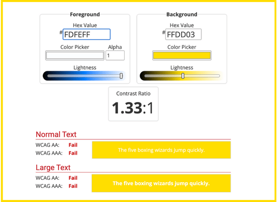 Results of Flat White Websites contrast ratio tested on WebAIM Contrast Checker: 1.33:1